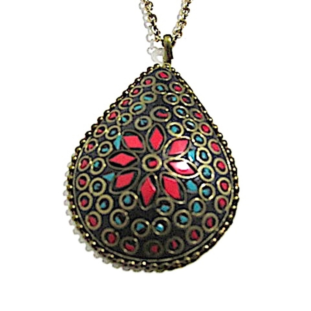 Large Brass Inlay Pendant on Gold Tone Chain
